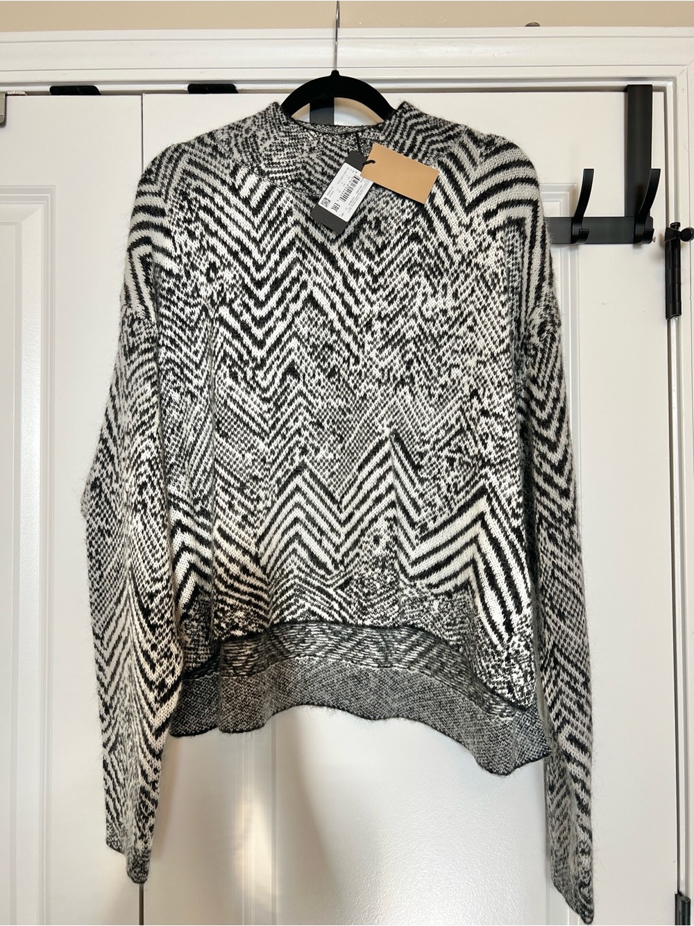 BOSS Faclina Mohair Wool Herringbone Sweater Black White NWT L